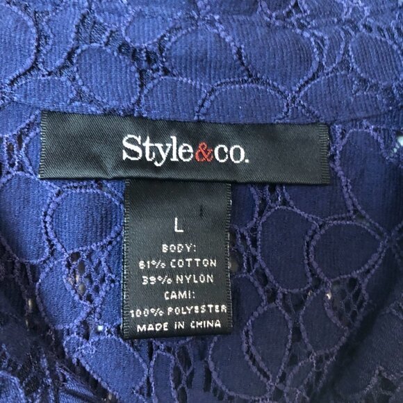 Style & Co Sophisticate Blue Lace Ruched 3/4 Sleeve Button Down Women's Size L - Picture 2 of 4